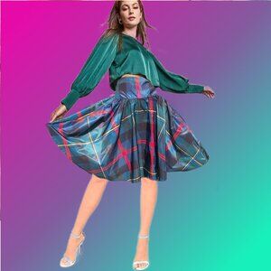 PAISLEY Plaid Taffeta High-Waisted Knee Length Flare Skirt Size S NEW